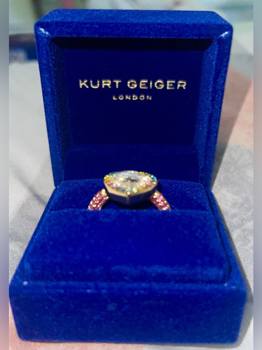 Kurt Geiger Multicolor Heart Crystal Ring with Pink Accents Size 7